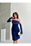 Navy Blue Satin Sleeve Detailed Midi Evening Dress - 2