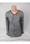 Women's Black Beige U-Neck Long Sleeve Patterned Slit Woven Viscose Mother Combed Cotton T-Shirt