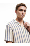Cotton Regular Fit Apache Collar Buttoned Short Sleeve Openwork Striped Shirt