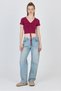Burgundy V-Neck Gathered Crop T-Shirt 9201m - 2