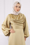 Oil Green Balloon Sleeve Satin Evening Dress - 4