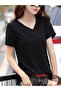 Women's Black V-Neck T-Shirt Summer Regular Fit Basic Plain Print-Free Casual Stylish Loose T-Shirt - 3