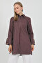Burgundy Striped Wide Cuffed 96% Cotton Stretchy Poplin Long Tunic Women's Shirt 1160 - 7