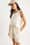 Women's Beige Thick Strap Blouse Elastic Waist Pocket Detailed Shorts Muslin Set 3310 60283414 - 6