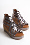 Women's Shiny Metallic Design Zippered Cage Model Wedge Heeled Shoes / Sandals