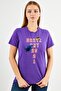 Women Crew Neck Short Sleeve Embroidered Print Top, Purple