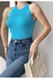 Women's Stretchy Knitwear Fabric Ruffled Sleeveless Basic Turquoise Blouse 0296 - 3
