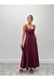 Women's Burgundy Linen Dress with Straps and Pockets - 4