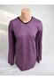 Women's Lilac White U Neck Long Sleeve Patterned Slit Woven Viscose Mother Combed Cotton T-Shirt