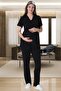 Black Short Sleeve Pregnant Maternity Pajama Set with Woven Detail