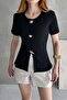 Women's Black Pocketed Accessory Detailed Corded Fabric Knit Blouse - 2
