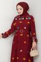 Gathered Floral Patterned Burgundy Viscose Dress - 2