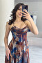 Women's Tie-Dye Patterned Strapless Strap Back Low-Cut Slit Evening Dress - 3