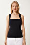 Women's Black Square Neck Gathered Stretchy Knitted Blouse Fw00014 - 3