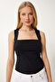 Women's Black Square Neck Gathered Stretchy Knitted Blouse Fw00014 - 2