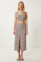 Women's Khaki Bone Patterned Linen Crop Skirt Suit Fk00025