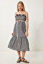 Kadın Antrasit Kemik Çizgili Volanlı Yazlık Dokuma Elbise Lİ00126 - 2