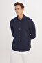Men's Navy Blue Slim Fit Narrow Cut Italian Collar 100% Cotton Seersucker Shirt - 4