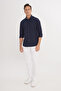 Men's Navy Blue Slim Fit Narrow Cut Italian Collar 100% Cotton Seersucker Shirt - 2