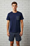 Navy Blue Regular Fit Plaid Knitted Shorts Pajama Set Tmnss25Pt00034 - 3