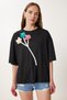 Women's Black Floral Detailed Back Low-Cut Knitted T-Shirt Tp00086 - 3