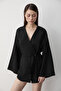 Black Cotton Button Detailed Belted Linen Kimono - 005 - 5