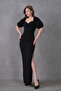 Black Crepe Fabric Double Breasted Collar Balloon Sleeve Design Slit Detailed Maxi Dress582853 - 4