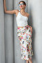 Floral Pattern Viscose Satin Midi Length Skirt on Beige Background - 2