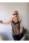 Women's Milk Coffee Printed Blouse with Lace Collar and Adjustable Rope Straps