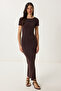 Backless Long Sandy Knitted Dress Brown Ldz0007 - 3