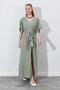 Women's Khaki Low Sleeve Waist Tunnel Belt Linen Long Dress