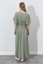 Women's Khaki Low Sleeve Waist Tunnel Belt Linen Long Dress - 7