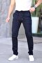 Men's Slim Fit Flexible Lycra Dobby Quality Linen Lace-Up Stylish Navy Blue Trousers - 3
