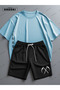 Latest Breath Printed Cotton Fabric Unisex Light Blue T-Shirt-Black Shorts Set - 5