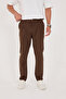 Men's Italian Cut Boyfriend Brown Fabric Trousers with Buckle Belt - 4