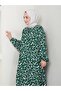 Patterned Front Gathered Viscose Dress - Green / E0131 - 6