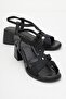 Dolen Black Stone Genuine Leather Women's Thick Heeled Sandals