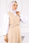 Beige Buttoned Front Belted Gilet Dress - 4