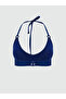 Navy Blue Plain Halter Neck Detailed Women's Bikini Top - 2