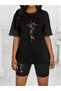 Design Printed Women's Short Tights Oversize Casual Boyfriend T-shirt Set - 3