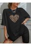 Women's Leopard Heart Printed T-Shirt, Scuba Diver Short Leggings Set (Leggings T-Shirt Set)