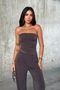 Set - Asymmetrical cut, ruched, slit-detail strapless-neck top. Pants with elastic waistband. - 2