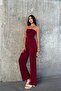 Women's Burgundy Asymmetrical Cut Slit Detailed Gathered Strapless Neckline Top and Bottom Set
