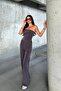 Set - Asymmetrical cut, ruched, slit-detail strapless-neck top. Pants with elastic waistband. - 5