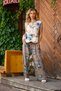 Gray Color Floral Patterned Linen Trousers with Belt Detail