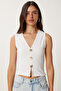 Gold Button Ribbed Knitted Crop Blouse Ekru Lzv0012 - 3