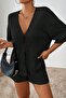 Women's Black Short Sleeve Tie-Up Waffle Bottom-Top Shorts Set - 3