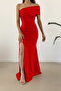 Red Crepe Fabric Strapless One Shoulder Gathered and Slit Detail Maxi Length Dress