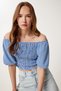 Women's Blue Checkered Carmen Collar Stretchy Crop Linen Blouse Tp00079 - 2