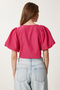 Women's Dark Pink Balloon Sleeve Embroidered Crop Poplin Blouse Tp00082 - 5